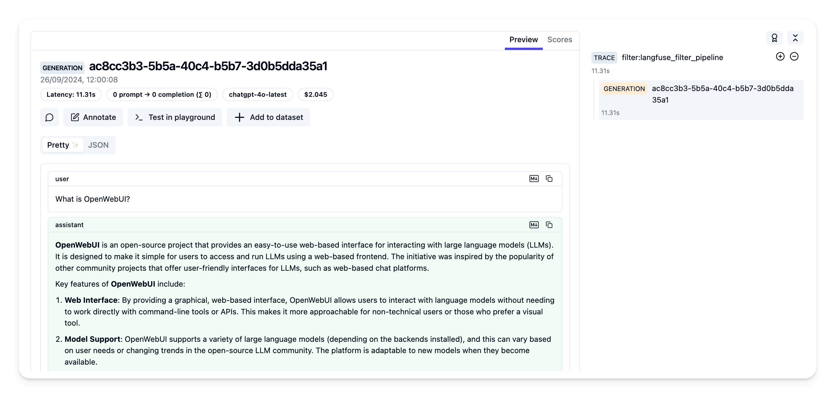OpenWebUI Example Trace in Langfuse